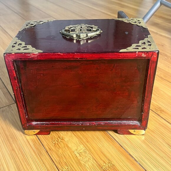 Vintage Chinese-Inspired Wooden Jewelry Box W/ Brass & Mother-Of-Pearl Inlay - Picture 11 of 11
